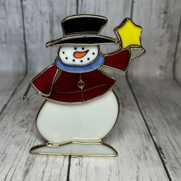 Stained Glass Suncatcher Snowman Candle Holder Christmas Decor - Picture 1 of 6